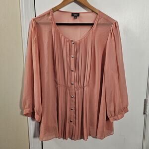 Talbots Pink Button Sheer Top Shirt Womens 18P Lined Pleating High Neck Career